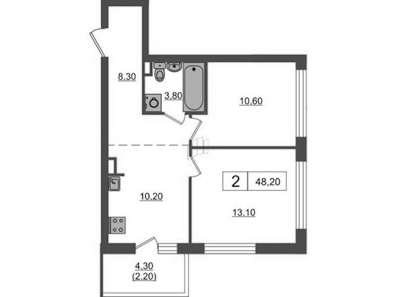 2-комнатная квартира 48.2 м², 4/7 эт., ЖК «А101 Всеволожск»